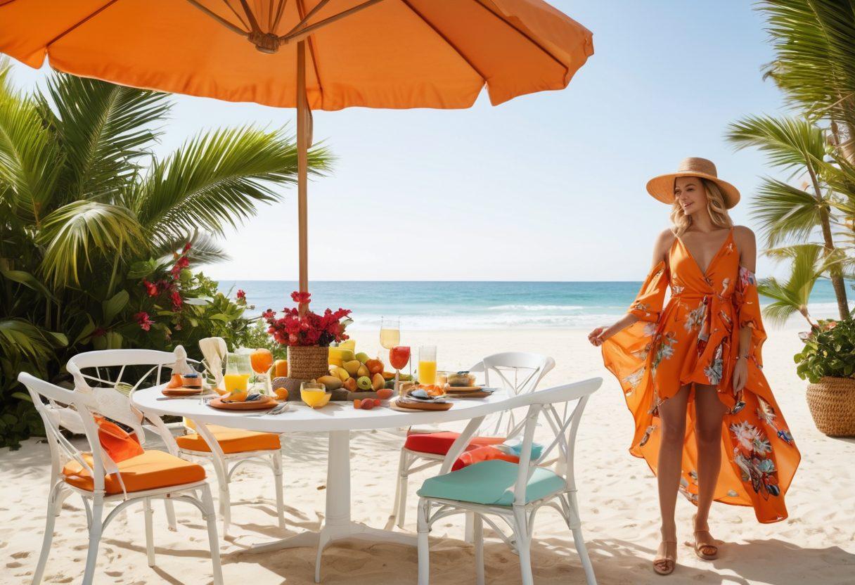 A sunlit beach scene transitioning into a chic brunch setting, featuring stylish individuals wearing trendy resort wear. Include vibrant tropical plants and colorful beach umbrellas in the background, along with a beautifully set brunch table adorned with fruit and decorative tableware. Capture a casual yet elegant atmosphere, with a light breeze evident through flowing fabrics. super-realistic. vibrant colors. white background.